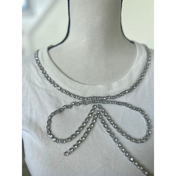 The Limited Vintage Y2K White Knit Rhinestone Bow Short Sleeve Sweater - Picture 2 of 7